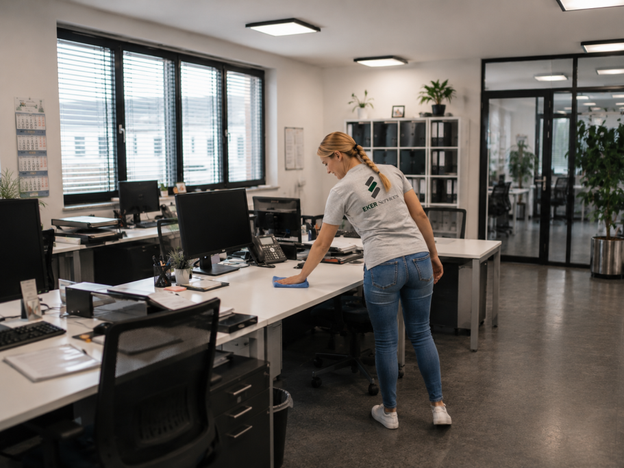 Frau reinigt im Büro die Oberfläche eines Schreibtisches