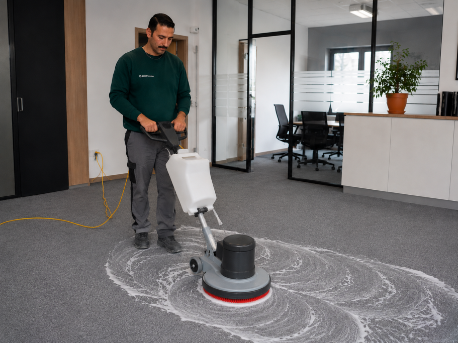 Mann reinigt Teppich
