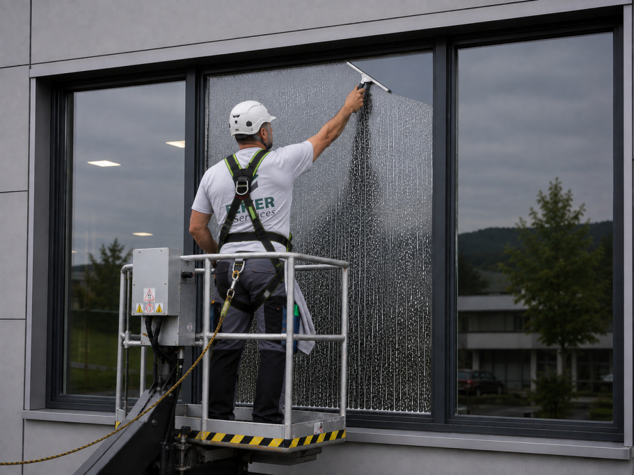 Mann bei der Fensterreinigung