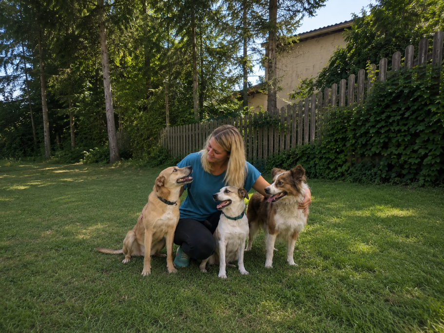 Frau mit drei Hunden